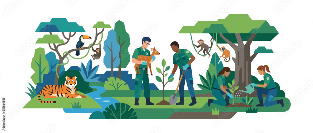Naklejka premium Conservationists protect wildlife and plant trees in lush jungle
