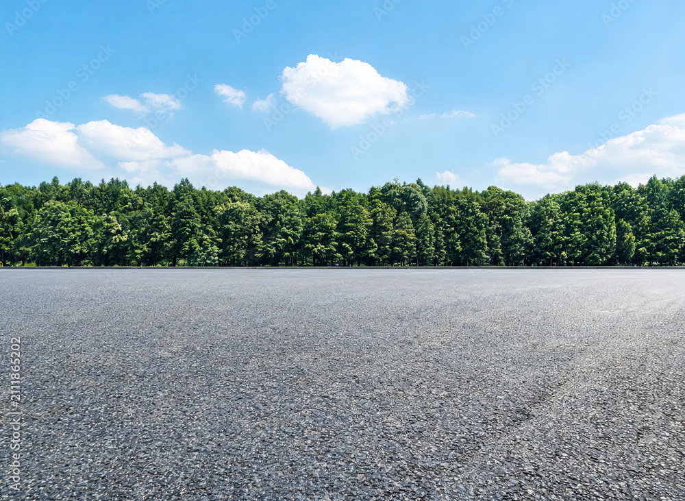 Fototapeta premium An empty asphalt road stretches toward a dense green forest under a bright blue sky with white clouds on a sunny day.