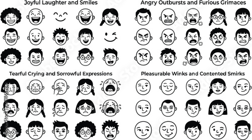 Bild auf Leinwand Set of diverse character facial expressions categorized into four quadrants of happy, angry, sad, and smiling moods