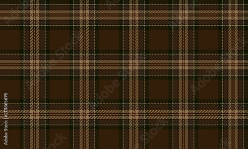 Seamless plaid fabric in brown, beige, and black for textiles and garment design, such as shirts, dresses, and skirts, adding a vintage charm and understated elegance to any style.
