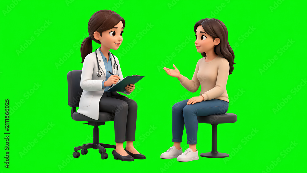Obraz premium 3D render illustration of a female doctor in white coat with stethoscope taking notes while consulting a patient sitting on a chair against a green screen background