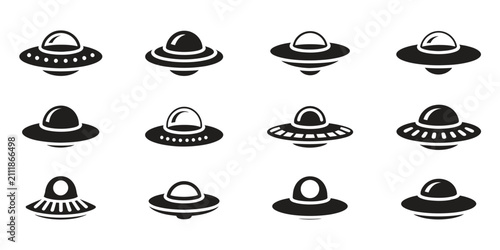 UFO Icons Set – Flying Saucer, Alien Spaceship, Extraterrestrial and Sci-Fi Vector.
