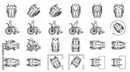 Wheelchair user architectural symbols, 22 line icons for floor plans, accessibility CAD blocks for interior design and site planning