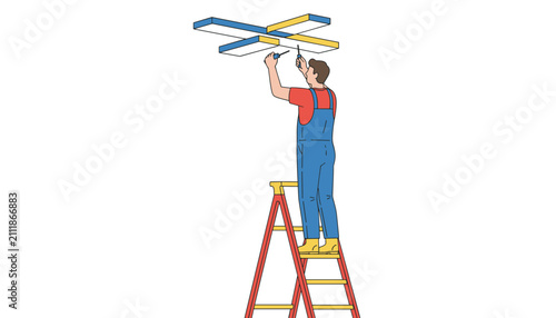 Professional electrician standing on a stepladder to fix or install a modern ceiling light fixture.