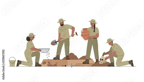 Team of professional archeologists digging at historical site examining ancient vase and human skull.