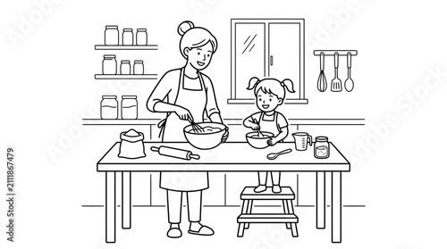 A mother and her young daughter baking together in the kitchen.