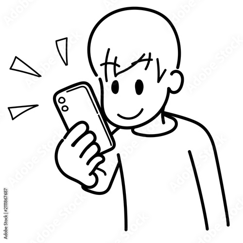 スマホを触る男性（色塗りなし、線のみ）