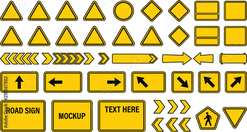 фотографія Collection of blank yellow traffic signs, warning triangles, circular road symbols, and directional arrows