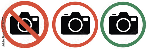 No photos sign, vector illustration featuring camera and mobile phone restriction symbols for photography ban, security areas, privacy protection, and warning design.