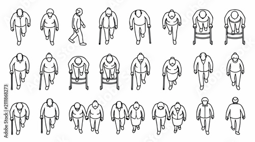 Isometric elderly people top view icons, senior citizens walking with canes and walkers, 22 line art vector figures for architectural floor plans