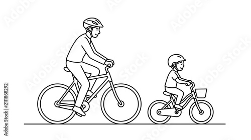 Line art illustration of a father and child riding bicycles together.