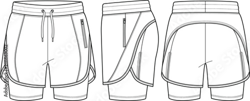 Mens 2 in 1 athletic running shorts fashion flat sketch vector illustration technical drawing with compression lining and side zip pocket