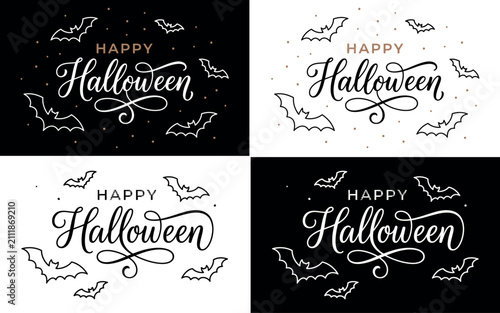 Four variations of happy halloween hand lettering designs with spooky decorative elements and icons