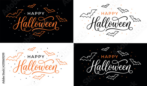 Four distinctive happy halloween calligraphy designs featuring decorative flourishes on black and white backgrounds