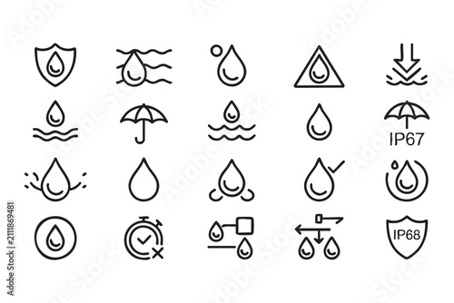 Foto Waterproof and Water Resistance Outline Icons for Product Protection Design