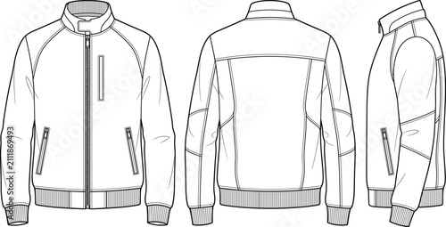 Mens stand collar bomber jacket fashion flat sketch vector illustration technical drawing showing front side back view
