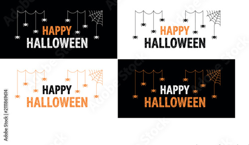 Four variations of happy halloween text designs featuring spooky icons and festive holiday graphics