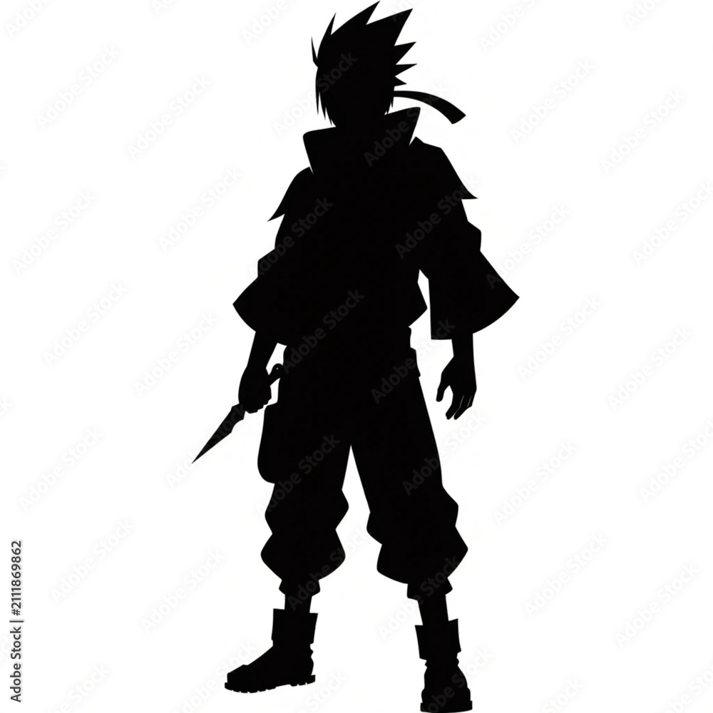 Fototapeta premium Ninja warrior silhouette on white background, black anime character shape with kunai knife, mysterious fighter profile for gaming and cosplay