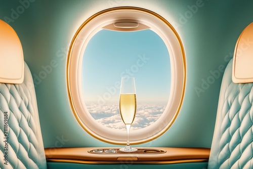 luxurious airplane interior with champagne and clouds