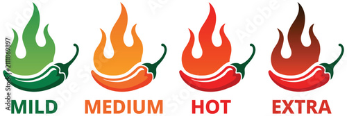 Pepper heat level, vector illustration featuring mild to extra spicy chili intensity scale with Scoville chart concept, spice comparison, food rating, and culinary design.