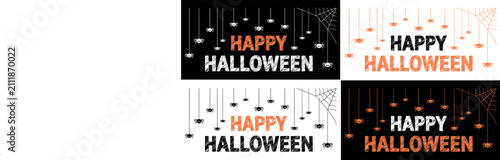 Four different variations of happy halloween text designs featuring hanging spooky decorative elements and icons