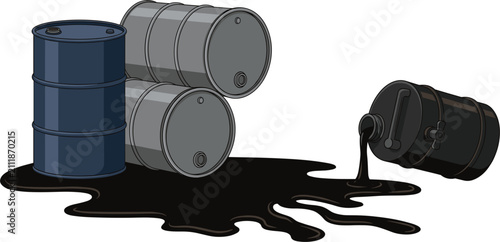 Fotografía Industrial storage shelving unit with a fallen leaking oil drum spilling hazardous black liquid on the floor