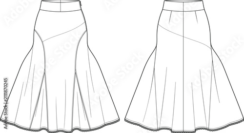 Bild auf Leinwand Womens asymmetrical panelled midi skirt fashion flat sketch vector illustration