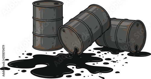 Bild auf Leinwand Industrial storage shelving unit with a fallen leaking oil drum spilling hazardous black liquid on the floor