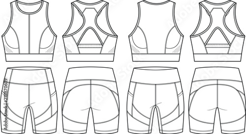 Womens athletic activewear set sports bra and biker shorts fashion flat sketch vector illustration technical drawing front back view
