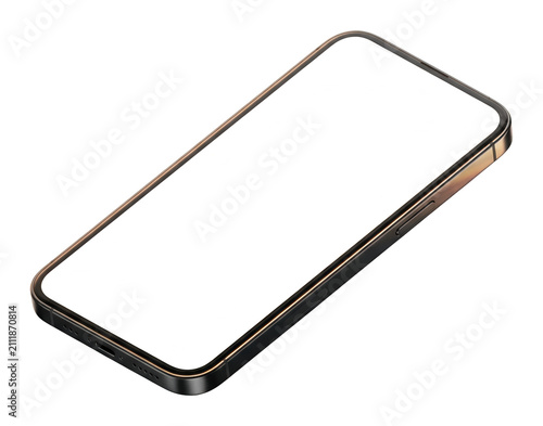 Sleek metallic smartphone tilted with a blank white screen in studio lighting isolated transparent background image