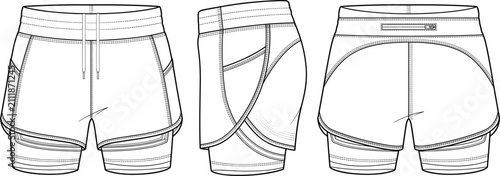 Womens athletic two in one running shorts fashion flat sketch vector illustration technical drawing with back zip pocket