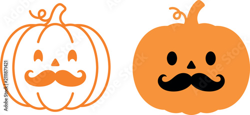 Two cute cartoon pumpkins featuring funny mustaches side by side on a plain white background