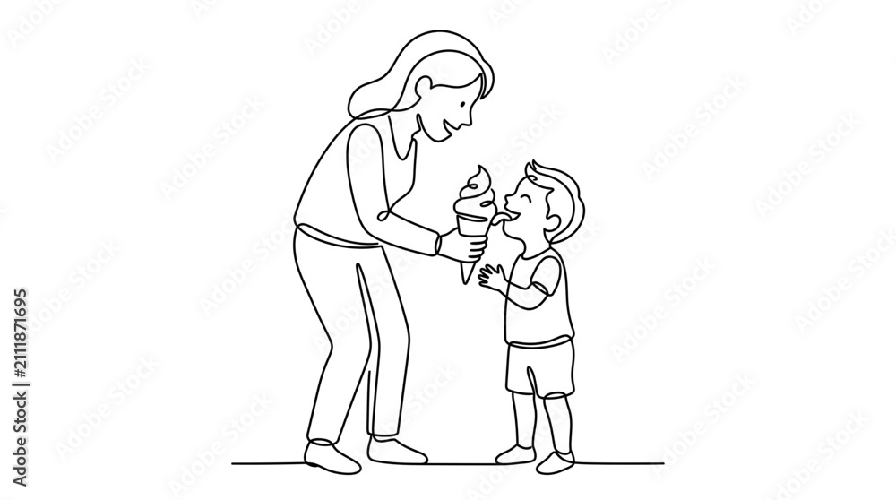 Fototapeta premium A mother giving a delicious ice cream cone to her young son.