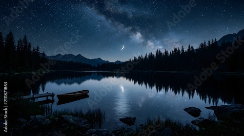 Milky Way over a calm mountain lake. Night sky landscape with stars and reflection.