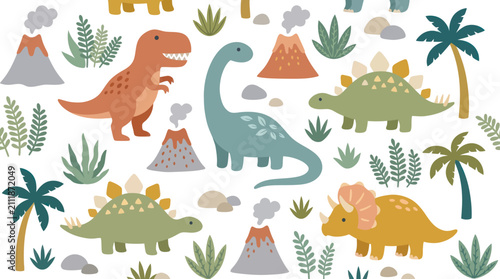 Obraz na płótnie Dinosaur and volcano seamless repeat pattern design.