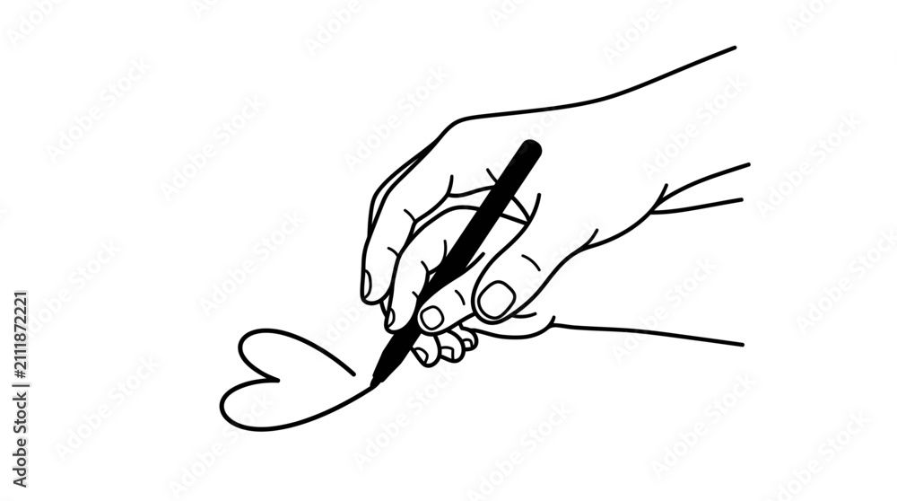 Obraz premium A line art drawing of a parent guiding a child hand drawing a heart.