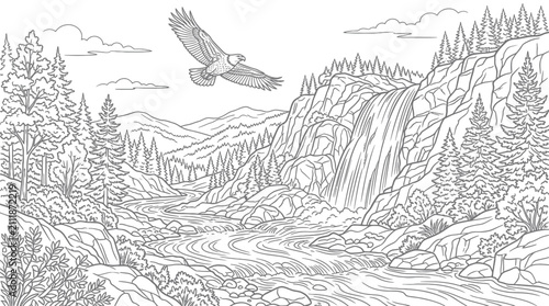 Bild auf Leinwand Eagle flying over mountain river valley coloring page