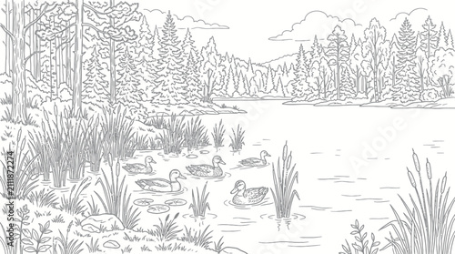 Canvastavla Ducks in forest pond coloring page.
