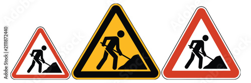 Obraz na plátně Roadwork warning sign, vector illustration featuring construction safety icons with under construction symbol, digging worker, and work in progress alerts for traffic design