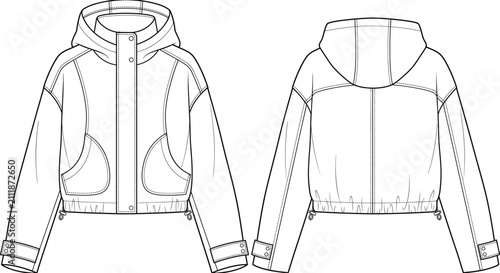 Foto Womens hooded windbreaker jacket snap placket drawstring hem drop shoulder fashi