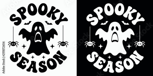 A spooky season halloween graphic featuring a ghost and spiders in black and white