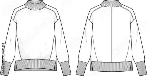 Womens mock neck drop shoulder sweatshirt fashion flat sketch vector illustration technical drawing front and back view