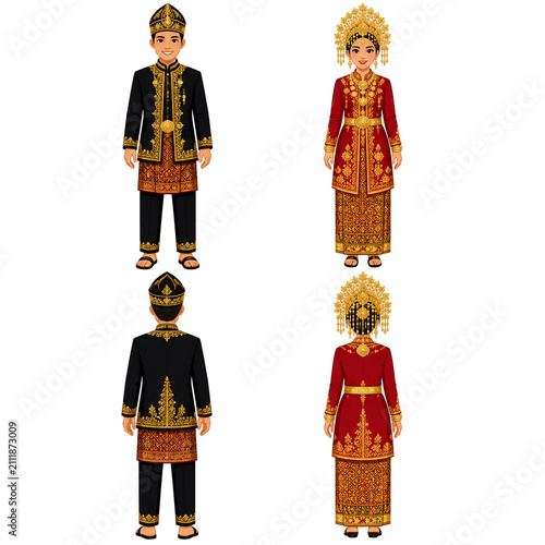 Acehnese Traditional Costume Character Set, Indonesian Cultural Clothing, Male and Female Front and Back View, Full Body Flat Vector Illustration