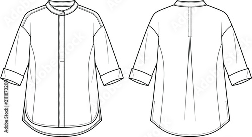 Quadro su tela Womens relaxed fit band collar tunic shirt fashion flat sketch vector illustrati