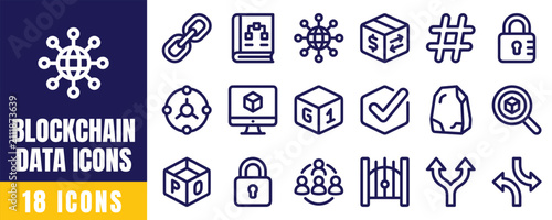 Cuadro en lienzo Blockchain data vector line icons set for decentralized ledger smart contract da
