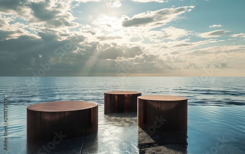 Three dark brown cylindrical forms sit on a calm ocean surface under a partly cloudy sky with sunlight breaking through.