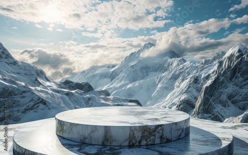 Circular marble platform sits atop a snow covered mountain range under a partly cloudy sky.