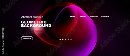 Abstract design features vibrant fluid shapes, dark background. Website header includes navigation options, read more button. Modern aesthetic.