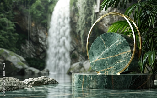 Stylish green marble display with a golden ring, set against a blurred backdrop of a waterfall and lush greenery.