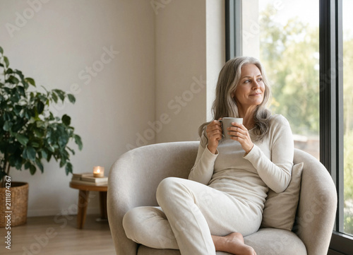 Mature Woman Practicing Wellness and Self Care at Home